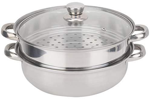 Cuiseur vapeur 2 couches - Double chaudière - En acier inoxydable - Avec couvercle en verre trempé et double poignée - Fonctionne avec four à induction à gaz, cuisinière à barbecue