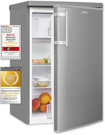 Exquisit Kühlschrank KS16-4-HE-040D inoxlook | Standgerät | 109 l Volumen | Inoxlook | Gefrierfach | LED-Licht | Türanaschlag wechselbar | Gemüsefach und Türablagen