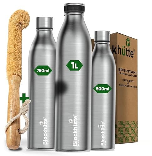 Blockhütte Edelstahl Flasche 350ml I Metall Trinkflasche isoliert, auslaufsicher, spülmaschinenfest, ideal für Sport, Wandern, Kinder - BPA-frei, Wasserflasche Kohlensäure geeignet, alu