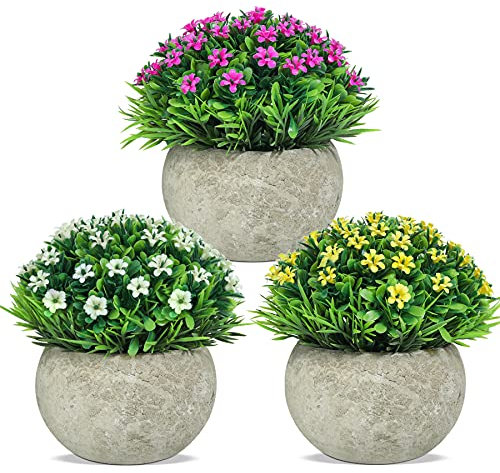 T4U Kunstpflanze Klein, Mini Künstliche Pflanzen im Topf 3er Set, Pflanze Kunstblumen im Topf Dreifarbig für Innen- und Außenbereich, Deko für Badezimmer, Wohnzimmer, Zuhause, Büro