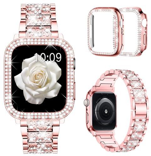 Mosonio Compatible with Apple Watch Band Series 9/8/7 41mm with Case Women, Jewelry Replacement Metal Wristband Strap with 2 Pack Bling PC Protective Cover for iWatch 41mm Series 9/8/7(Pink)