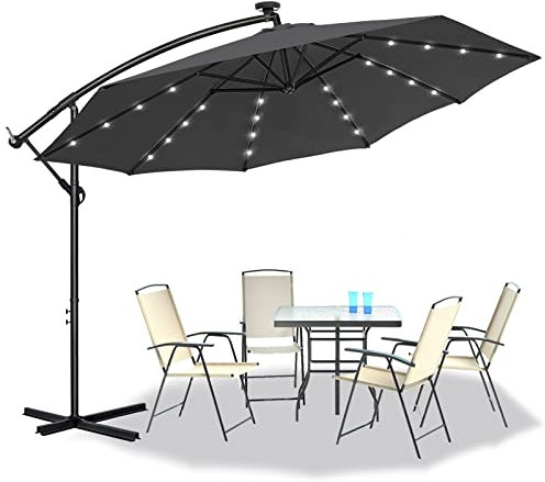 ACXIN Alu Sonnenschirme Ø350cm mit Solar LED Beleuchtung Ampelschirm mit Kurbelvorrichtung Höhenverstellbarer Balkonschirm Gartenschirm Marktschirm 8 Streben UV-Schutz 40+(Dunkelgrau)