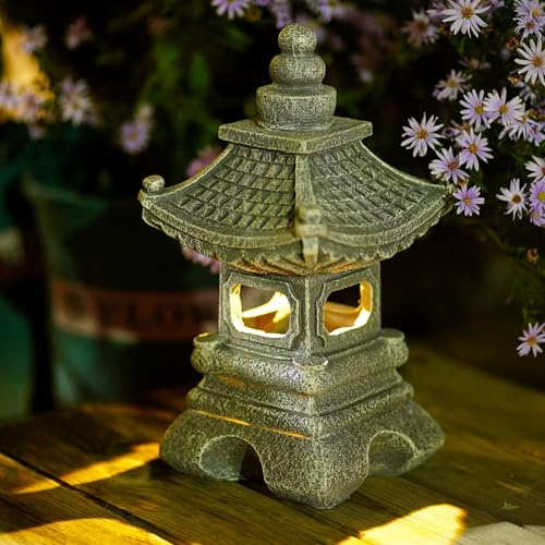 Gardenfans Lanterna solare LED pagoda statua da giardino luce all'aperto giardino zen lanterna giapponese per paesaggio balcone patio portico cortile Art Decor 6,7 H grigio pietra finitura