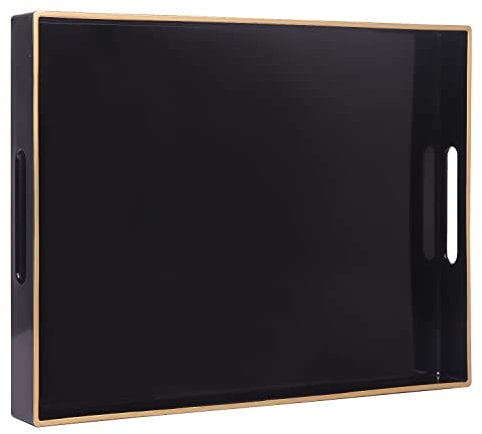 MAONAME Black Serving Tray with Handles, Rectangular Decorative Tray, Modern Coffee Table Tray, Plastic Ottoman Tray for Bathroom, Decor, 15.7” x 11.8” x 1.57