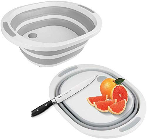 LIZZIE JACOBS 2 in 1 Collapsible Washing Up Bowl Basin and Chopping Board with Drain Plug Multipurpose Basket Foldable Camping Sink Fruits Vegetables Pasta Dish Tub Basin Food Strainer Storage Basket