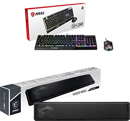 MSI VIGOR WR01 Wrist Rest with MSI VIGOR GK30 COMBO Gaming Keyboard (UK Layout) - Keyboard Wrist Pad, Mech-Membrane Switches, 6-Zone RGB, Dual-Zone RGB Lighting Mouse, 5000 DPI Optical Sensor