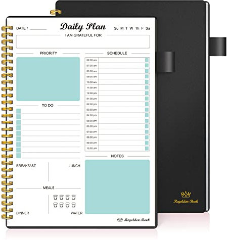 Tagesplaner, undatiert, To-Do-Listen-Notizbuch mit Stundenplan, Kalender, Mahlzeiten, spiralförmiger Termin-Organizer, Notizbuch für Männer/Frauen, Tasche, Stiftschlaufe, 160 Seiten (17,8 x 25,4 cm)