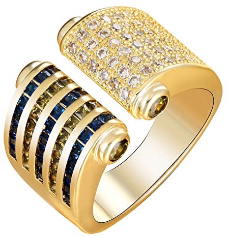 Whoiy Damenring Vergoldet Blauer Stein, Ring XXL Eheringe Offener Ring Streifen Zirkonia Blau Grün 52 (16.6) Verlobungsring für Frauen