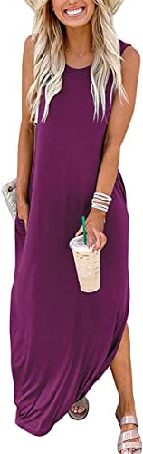 Cuptacc Robe Longue Femme Ete Fluide col Rond Ceremonie Robes avec Poches Décontracté Violet,XL 46