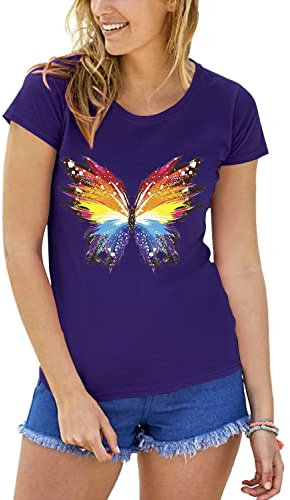 Fashion Star Women Printed Casual Basic Stretchy Cap Sleeve Summer Basic T Shirt Top Plus Size (UK 16/18) Butterfly Purple