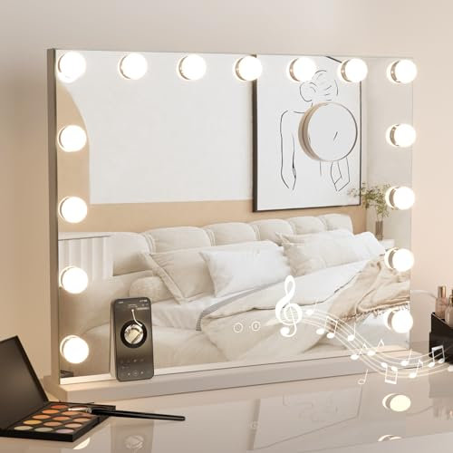 Dripex Bluetooth Hollywood Schminkspiegel mit 15 LED Lampen, Hollywood Spiegel 58 x 48 cm mit 3 Farbtemperatur Licht, Schminkspiegel mit Beleuchtung, Touch Control, USB Ladeanschluss