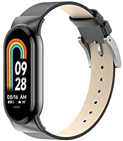 QINOUK Bracelet pour Xiaomi Mi Smart Band 8, [Respirant] [Résistant à l'usure] Bracelet en Cuir Véritable, Bracelet de Remplacement pour Xiaomi Smart Band 8-Noir