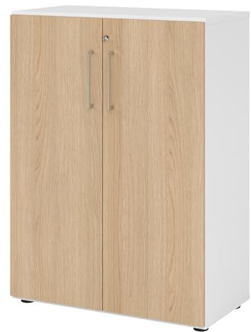 bümö Aktenschrank abschließbar, Büroschrank Holz 80cm breit in Weiß/Eiche - abschließbarer Schrank mit Aktenregal für's Büro & Arbeitszimmer, Büro Möbel Ordnerschrank mit Schloss