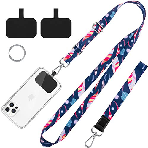 Cell Phone Lanyard,Crossbody Neck Lanyard, Hand Wrist Strap for Cell Mobile phone,Key chain, Card holder,ID Badge, Shoulder Neck Strap for all Smartphones.Free 2×Pads, Metal Keyrings (Blue Feather)