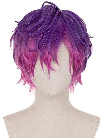 Idol Cosplay Perücke - Farbverlauf Lila Kurzwelle Haar Mit Pony - Geschichtete Flauschige Perücke für Kostüm