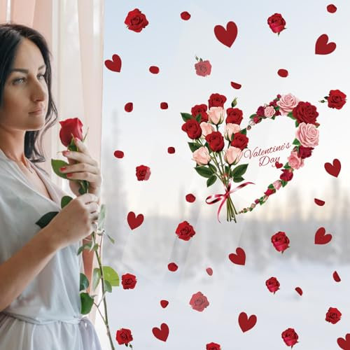 KAIRNE Valentinstag Fenster aufkleber,Roter Herz Fenster Sticker,Valentinstag Fensterbild,Rose Fensterdeko,Valentinstag Fensterbilder,Fensteraufkleber in Herzform,LOVE Sticker für Hochzeit Party Deko