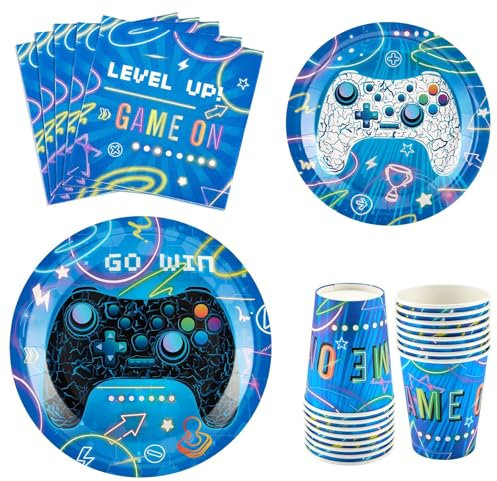 WERNNSAI Blue Video Game Party Paper Plates Cups Napkins - 64 PCS Gamer Birthday Party Decorations for Boys Gaming Night Tableware Set Disposable Dinner Dessert Plates Napkins Cups Serves 16 Guests
