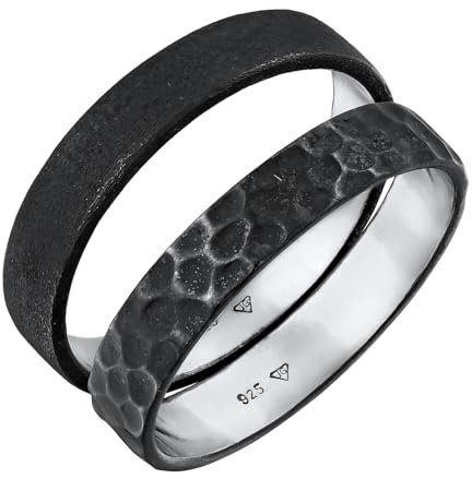 Kuzzoi Herrenringe 925 Sterling Silber oxidiert 2 Stück Bandringe für Männer Basic und Hammerschlag Look Silberring Set Herren Ringgröße 58