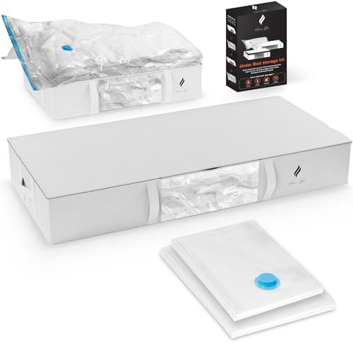 HOME BOX® Aufbewahrungsset unter dem Bett - 2 Vakuumbeutel + 2 Stoffbeutel XXL & XL - Aufbewahrung und Lagerung von Kleidung, Schuhen, Bettdecken & Kopfkissen