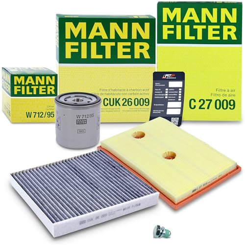 MANN-FILTER Inspektionspaket Filterset 1x Ölfilter, 1x Luftfilter, 1x Innenraumfilter (Aktivkohlefilter), 1x Ölablassschraube mit Dichtring, 1x Ölwechselanhänger,