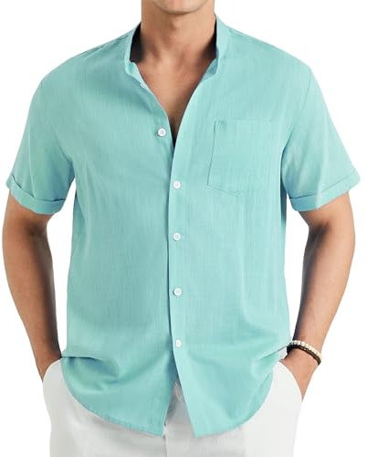 Enlision Mens Linen Shirts Short Sleeve Collarless Grandad Shirt for Men Cotton Summer Beach Casual Henley Mint Green Top Loose Fit for Wedding Party 3XL