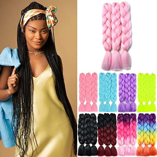 PARXITN Extensiones de pelo trenzado Kanekalon Jumbo para trenzas de pelo sintético, 60 cm, 3 unidades, color rosa