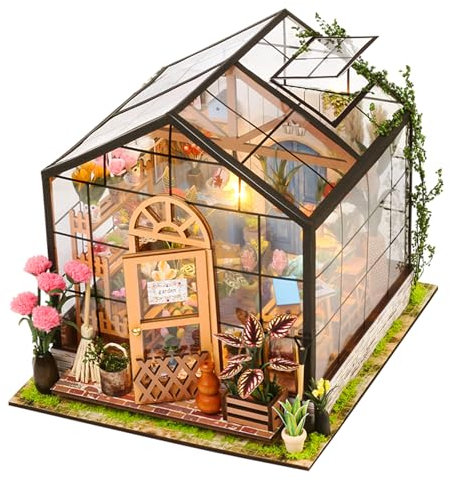HooySprs DIY Miniature Dollhouse Kit, Mini House Kit with Furniture, 1:24 Scale Wooden Greenhouse Craft Kit for Women Girls Boys Present Birthday Valentine (Cathy's Flower House)