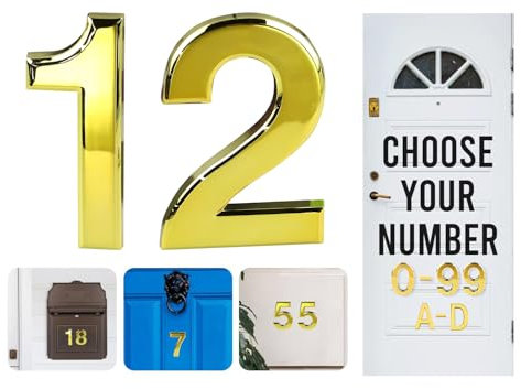 Gold Door Numbers Stick On, 0-99, Letters A, B, C, D, 3'' House Numbers Self Adhesive Stickers, For Doors, Mail Boxes, Hotel Rooms (12)