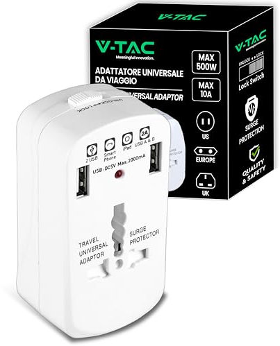 V-TAC Adattatore Universale da Viaggio con Spina USA, EUROPA, UK, AUS con Porte 2 USB - Presa di Corrente Internazionale da Viaggio con Protezione Sovraccarico per Dispositivi Elettrici