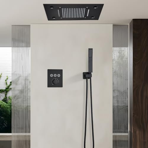 Set Doccia da Incasso JUNSHENG, Sistema Doccia Completo 49 x 35 cm, Doccia a Pioggia con Doccetta e Telecomando, Doccia a Pioggia Quadrata Termostatica (Nero)