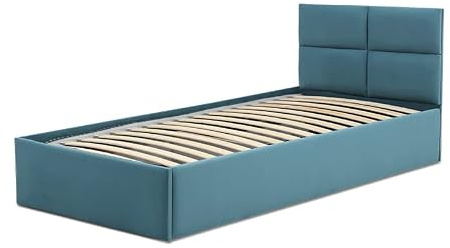 Mebligo - Polsterbett 90x200 mit Bettkasten, Bettgestell, Einzelbett mit Lattenrost, Jugendbett Bett mit Kopfteil, Stauraumbett Monos, Bett Ohne Matratze - Türkis (Trinity 13)