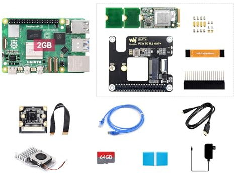 Waveshare PI5-2GB AI Kit B, Compatible with Raspberry Pi 5, Bundle with PI5-2GB, Hailo-8 Acce A, 64GB TF Card, Cooler, Cable and so on (9 Items)
