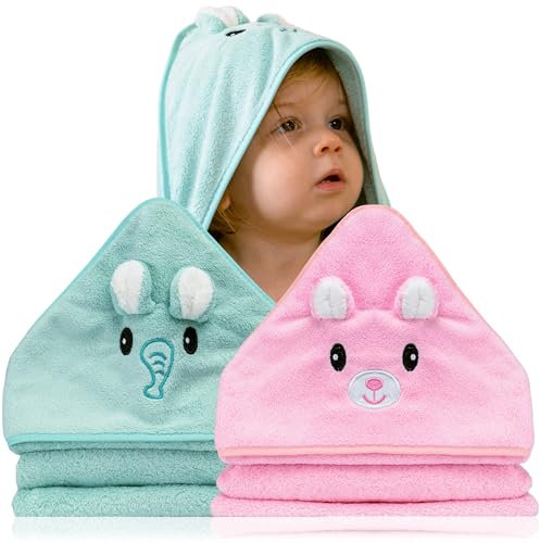 2 Stück Babyhandtuch mit Kapuze 80x80cm - Neugeborene Erstausstattung - Kapuzenhandtuch mit Tieren - Badetuch & Bademantel für Baby