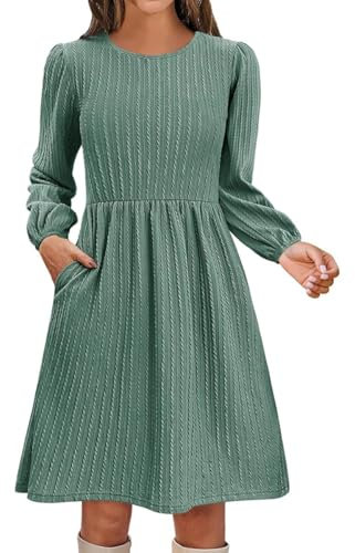 GRMLRPT Damen Langarm Rundhals Pulloverkleid Elegant Knielang Herbstkleid Casual Kleid Herbst Winter A Linien Bequem Midikleid(Grün,S)