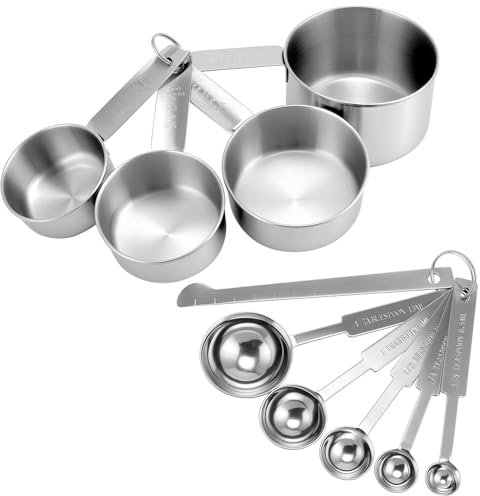 QWORK® 10-Teilges Edelstahl Messbecher und Löffel, Küche Messlöffel Messbecher Set mit Meßlineal