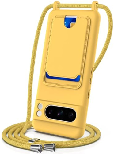 Coque pour Google Pixel 8 Pro avec Cordon, Etui avec Collier - Tour de Cou Lanière en Corde - Silicone Housse avec Réglable Chaine pour Google Pixel 8 Pro,Bandouliere,Porte Cartes-Jaune