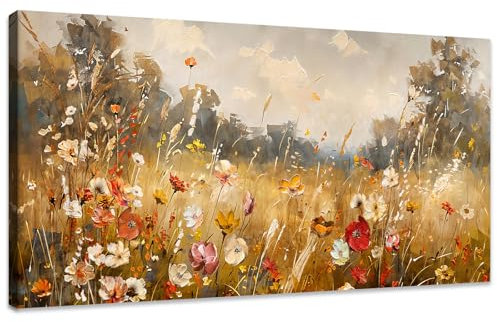 WENGTIAO Bunte Blumen Groß Leinwand Bilder Kunstdrucke Gerahmtes Bild Geblümt Wildblumen Malerei auf Leinwand Wohnzimmer Schlafzimmer Wanddeko Fertig zum Aufhängen 50x120 cm