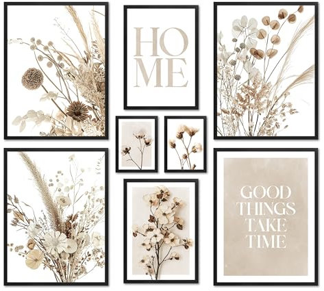 ARTFAVES® Poster Set - Beige Dried Flowers - mehrteilige Wanddeko Wohnzimmer & Schlafzimmer - 8 moderne Wandbilder beige, trockenblumen, blumen, boho, beige-braun - mit Rahmen Schwarz