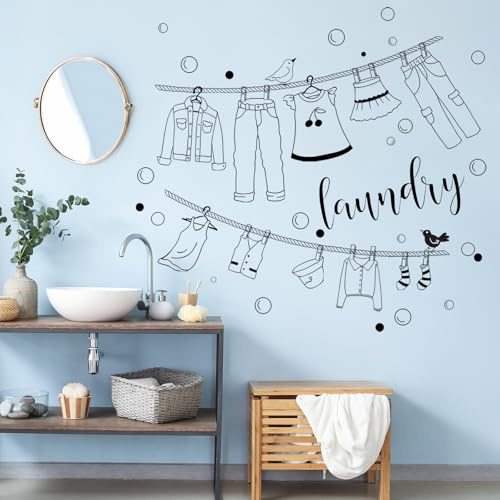 FUFUQUARE Lavanderia Adesivo da Parete Vestiti In Bianco e Nero Linea di Asciugatura Bolla Adesivi Murali Fai da Te Abbigliamento Rimovibile Lavaggio Decorazione per Casa Appartamento Bagno
