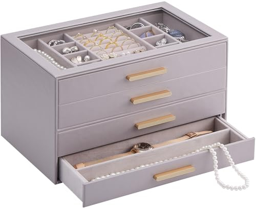 Lolalet Schmuckkästchen, Schmuckbox Schmuck Organizer mit Glasdeckel, Schmuckaufbewahrung mit 4 Ebenen, Schmuckkasten für Halsketten Ohrringe Armbänder- Lila