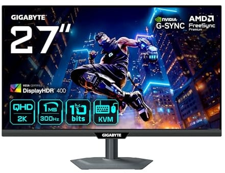 GIGABYTE M27Q3 2K QHD Gaming Monitor - 27 Inch, 300Hz, 1ms GtG, FreeSync Premium, G-SYNC Compatible, KVM, SuperSpeed IPS, DisplayHDR 400, HDMI 2.1,