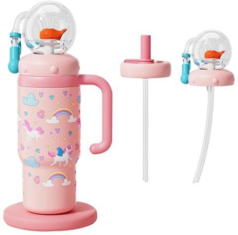 Nixo1nice Stainless Steel Whale Fountain Tumbler with Handle Whale Squirt Weighted Sippy Straw Cups with Handle Lid and Straw for Kids Adults Dishwasher Safe 710 ml