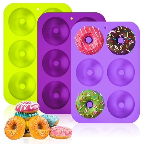 Songella Donut Stampo Silicone Donut Stampi Rotonda Ciambelle Stampo per Torte Biscotti Bagel 3 Pezzi (Verde/Viola Scuro/Viola)