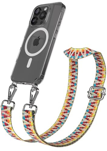 EAZY CASE Handykette - Verstellbares Taschenband kompatibel mit iPhone 16 Pro, Schulterriemen, Handykordel mit Silikon Hülle, Qi Charging kompatibel, Umhängetasche, Regenbogen Silber