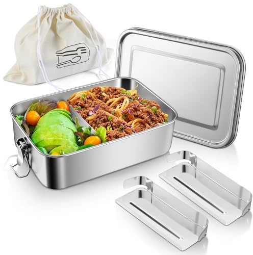 Joyfair 1400ml Stainless Steel Compartment Bento Lunch Box with Cloth Bag | Large Metal Food Storage Containers for Adults and Kids, Lockable Clips & Removable Divider, Leak Proof & Dishwasher Safe