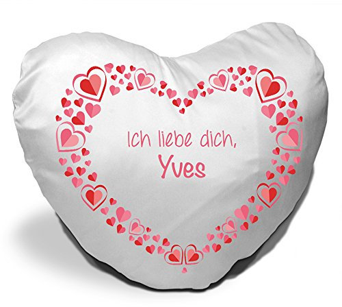 Eurofoto Herzkissen mit Namen Yves und schönem Motiv mit rosa Herzen zum Valentinstag | Valentinstagsgeschenk | Kuschelkissen | Schmusekissen
