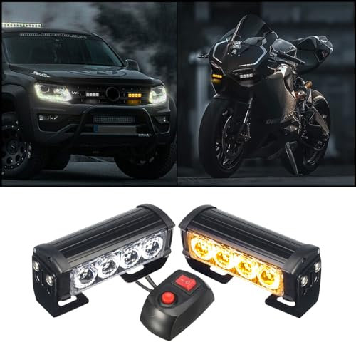 HEHEMM Feu Avant cClignotant, Feu Diurne 2 Pièces 8 LED Flashs Barre LED de Signalisation 12V Lumière Stroboscopique pour Circulation Routière (Jaune + Blanc)