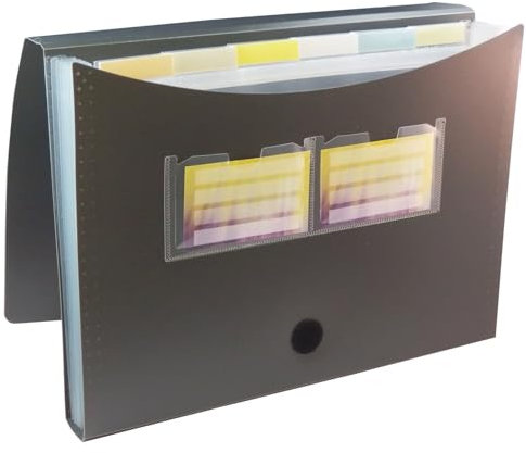 EXXO by HFP 40667 Fächertasche passend für A4 Unterlagen, 6 Fächer, aus PP, dehnbare Fächer, mit Klarsicht-Taben, Klettverschluss und Namensschildtaschen, Farbe: schwarz – 1 Stück