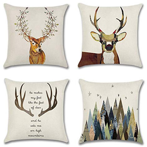 Artscope 4er-Set Dekorativ Braune Hirsch Kissenbezug, Polyester Leinen Kissenbezüge Dekokissen Kissenhülle Set Kissen Fall für Sofa Auto Schlafzimmer Zuhause Dekor (45x45 cm)
