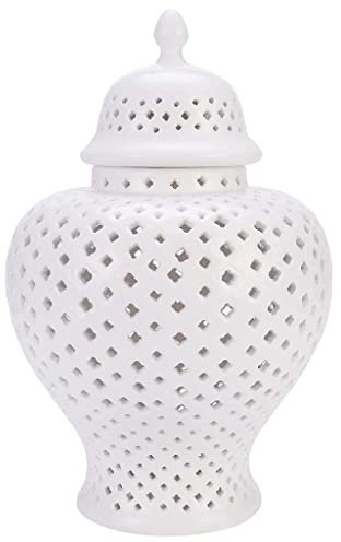 JIANCNGU Traditionelle Keramik Vase Chinesische Laterne Weiß Vasen Gitter Gravur und Deckel, Karthagische Porzellanlaterne Blumenvasen Moderne Hohl Dekovase für Wohnzimmer Hochzeit